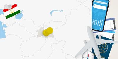 Travel to Tajikistan concept, map with pin on map of Tajikistan. Vacation preparation map, flag, passport and tickets. vector