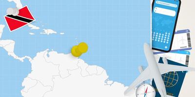 Travel to Trinidad and Tobago concept, map with pin on map of Trinidad and Tobago. Vacation preparation map, flag, passport and tickets. vector