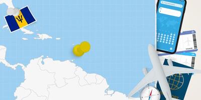 Travel to Barbados concept, map with pin on map of Barbados. Vacation preparation map, flag, passport and tickets. vector