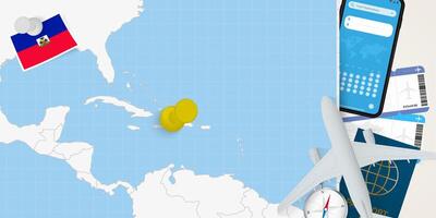 Travel to Haiti concept, map with pin on map of Haiti. Vacation preparation map, flag, passport and tickets. vector