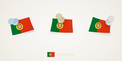 Pinned flag of Portugal in different shapes with twisted corners. vector