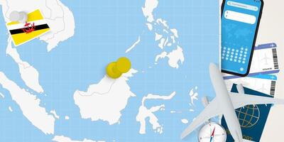 Travel to Brunei concept, map with pin on map of Brunei. Vacation preparation map, flag, passport and tickets. vector