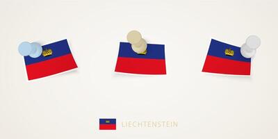 Pinned flag of Liechtenstein in different shapes with twisted corners. pushpins top view. vector