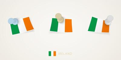 Pinned flag of Ireland in different shapes with twisted corners. pushpins top view. vector
