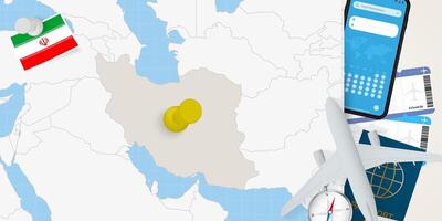 Travel to Iran concept, map with pin on map of Iran. Vacation preparation map, flag, passport and tickets. vector