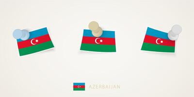 Pinned flag of Azerbaijan in different shapes with twisted corners. pushpins top view. vector