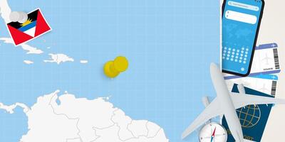Travel to Antigua and Barbuda concept, map with pin on map of Antigua and Barbuda. Vacation preparation map, flag, passport and tickets. vector