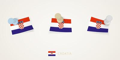Pinned flag of Croatia in different shapes with twisted corners. pushpins top view. vector