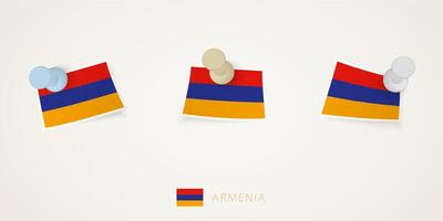 Pinned flag of Armenia in different shapes with twisted corners. pushpins top view. vector