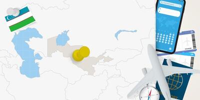 Travel to Uzbekistan concept, map with pin on map of Uzbekistan. Vacation preparation map, flag, passport and tickets. vector