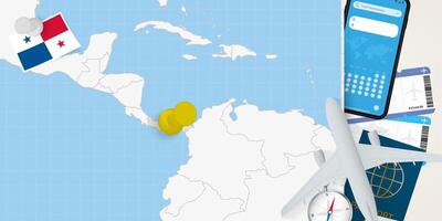 Travel to Panama concept, map with pin on map of Panama. Vacation preparation map, flag, passport and tickets. vector