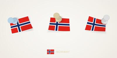 Pinned flag of Norway in different shapes with twisted corners. pushpins top view. vector