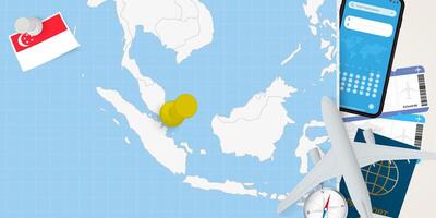 Travel to Singapore concept, map with pin on map of Singapore. Vacation preparation map, flag, passport and tickets. vector