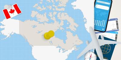 Travel to Canada concept, map with pin on map of Canada. Vacation preparation map, flag, passport and tickets. vector