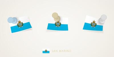 Pinned flag of San Marino in different shapes with twisted corners. pushpins top view. vector