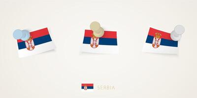 Pinned flag of Serbia in different shapes with twisted corners. pushpins top view. vector