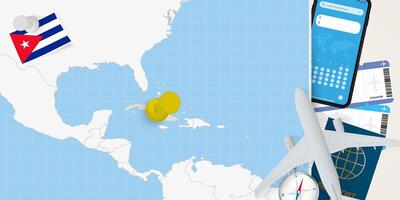 Travel to Cuba concept, map with pin on map of Cuba. Vacation preparation map, flag, passport and tickets. vector