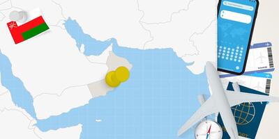 Travel to Oman concept, map with pin on map of Oman. Vacation preparation map, flag, passport and tickets. vector
