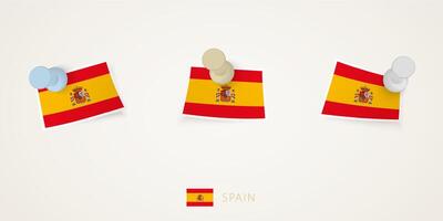 Pinned flag of Spain in different shapes with twisted corners. vector
