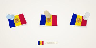 Pinned flag of Andorra in different shapes with twisted corners. pushpins top view. vector