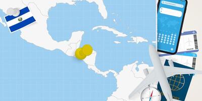 Travel to El Salvador concept, map with pin on map of El Salvador. Vacation preparation map, flag, passport and tickets. vector