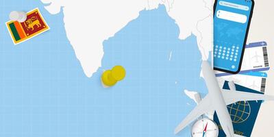 Travel to Sri Lanka concept, map with pin on map of Sri Lanka. Vacation preparation map, flag, passport and tickets. vector