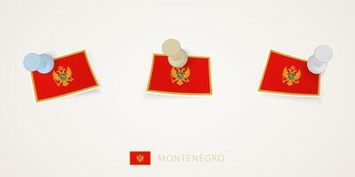 Pinned flag of Montenegro in different shapes with twisted corners. pushpins top view. vector