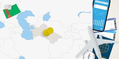 Travel to Turkmenistan concept, map with pin on map of Turkmenistan. Vacation preparation map, flag, passport and tickets. vector