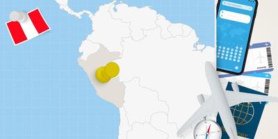 Travel to Peru concept, map with pin on map of Peru. Vacation preparation map, flag, passport and tickets. vector
