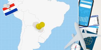 Travel to Paraguay concept, map with pin on map of Paraguay. Vacation preparation map, flag, passport and tickets. vector