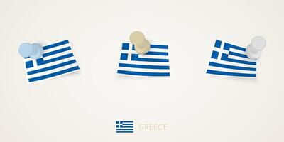 Pinned flag of Greece in different shapes with twisted corners. pushpins top view. vector