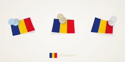 Pinned flag of Romania in different shapes with twisted corners. pushpins top view. vector