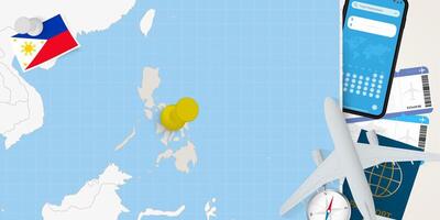 Travel to Philippines concept, map with pin on map of Philippines. Vacation preparation map, flag, passport and tickets. vector