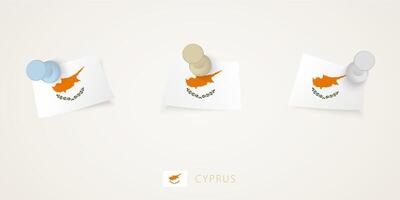 Pinned flag of Cyprus in different shapes with twisted corners. pushpins top view. vector