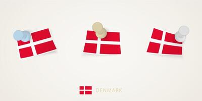 Pinned flag of Denmark in different shapes with twisted corners. pushpins top view. vector