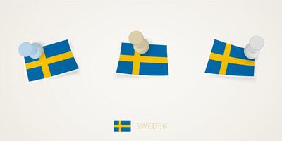 Pinned flag of Sweden in different shapes with twisted corners. pushpins top view. vector