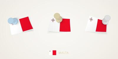 Pinned flag of Malta in different shapes with twisted corners. pushpins top view. vector