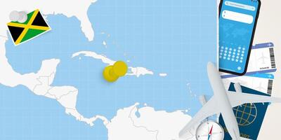 Travel to Jamaica concept, map with pin on map of Jamaica. Vacation preparation map, flag, passport and tickets. vector