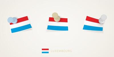 Pinned flag of Luxembourg in different shapes with twisted corners. pushpins top view. vector