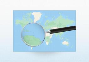 Map of the World with a magnifying glass aimed at Trinidad and Tobago, searching Trinidad and Tobago with loupe. vector