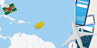 Travel to Dominica concept, map with pin on map of Dominica. Vacation preparation map, flag, passport and tickets. vector