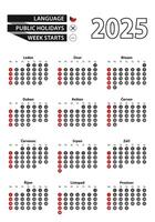 Czech calendar 2025 with numbers in circles, week starts on Sunday. 2025 with flag of Czech Republic vector