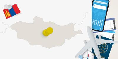 Travel to Mongolia concept, map with pin on map of Mongolia. Vacation preparation map, flag, passport and tickets. vector