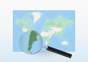 Map of the World with a magnifying glass aimed at Argentina, searching Argentina with loupe. vector