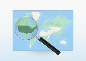 Map of the World with a magnifying glass aimed at USA, searching USA with loupe. vector