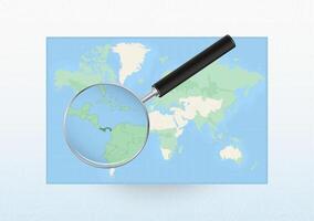 Map of the World with a magnifying glass aimed at Panama, searching Panama with loupe. vector