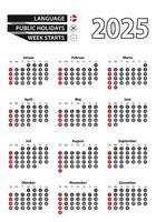 Danish calendar 2025 with numbers in circles, week starts on Sunday. 2025 with flag of Denmark vector
