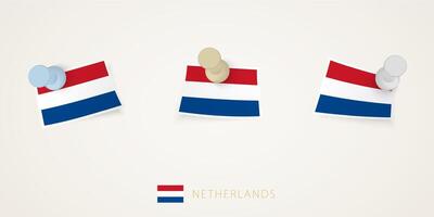 Pinned flag of Netherlands in different shapes with twisted corners. vector