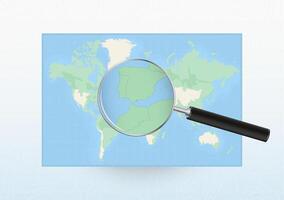 Map of the World with a magnifying glass aimed at Gibraltar, searching Gibraltar with loupe. vector