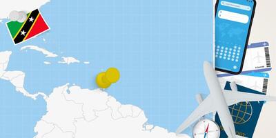 Travel to Saint Kitts and Nevis concept, map with pin on map of Saint Kitts and Nevis. Vacation preparation map, flag, passport and tickets. vector